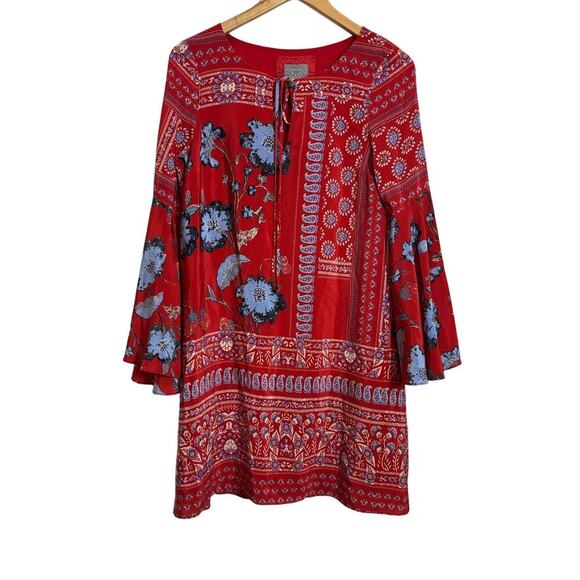 Anthropologie Vanessa Virginia Women 2 Isabelle Silk Red Bell Sleeves Dress - Picture 1 of 8